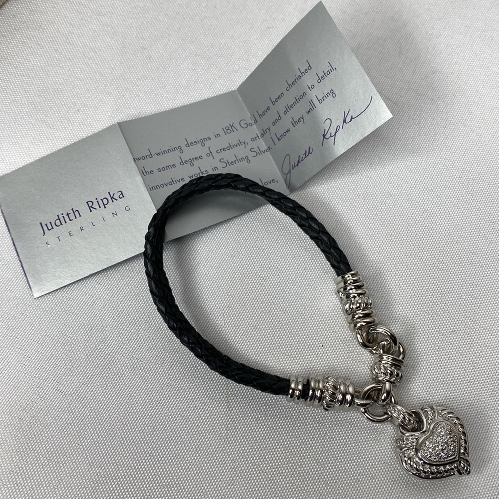 Judith Ripka braided leather cord heart bracelet, sterling silver - Picture 2 of 5